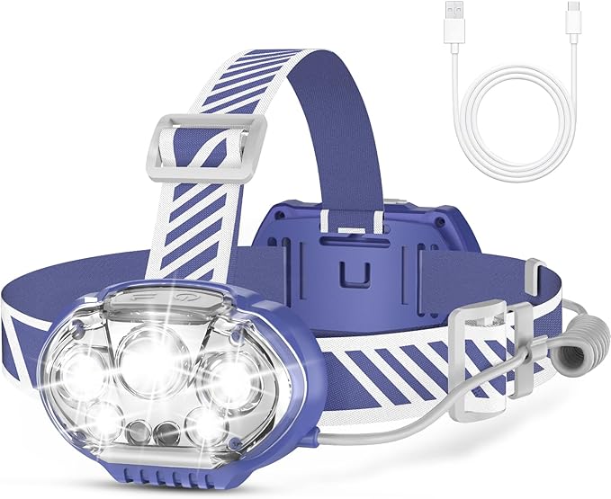 Rechargeable Headlamp, 20000 High Lumen Bright 5 LED Head Lamp with Red White Light,IPX4 Waterproof Headlight,8 Mode Head Flashlight for Outdoor Running Hunting Fishing Hiking Camping Gear-Blue