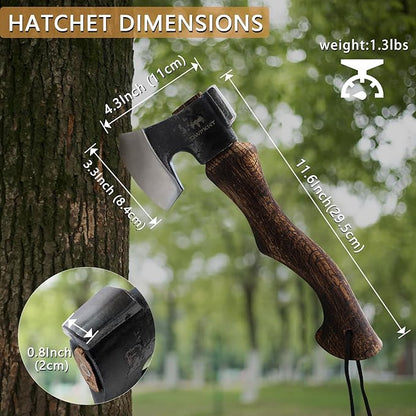 11.6" Hatchet, Camping Axe, Hand Forged Axe with Sheath, Bushcraft Axe with 1065 Carbon Steel and Beech Handle for Wood Splitting and Chopping Gardening