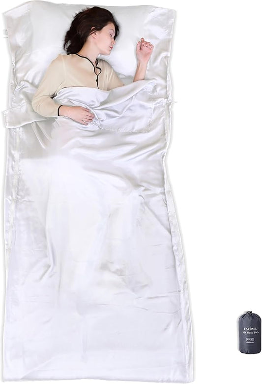 100% Silk Sleep Sack with All Around Zippers, 87”x43” Large Sleeping Sheets for Hotels, Travel & Camping, Multifunctional Travel Sheets (Unzipped:87”x87”) for Adults, Lightweight, All Season