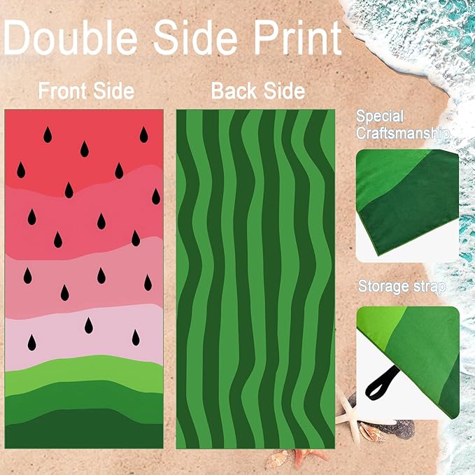 Bnuitland Watermelon Pattern Beach Towel (35X75 inches), Oversized Quick Drying Absorbent Sand Free, Cute Towels for Travel Swimming Pool Picnic, 88% Polyester and 12% Polyamide,Red and Green