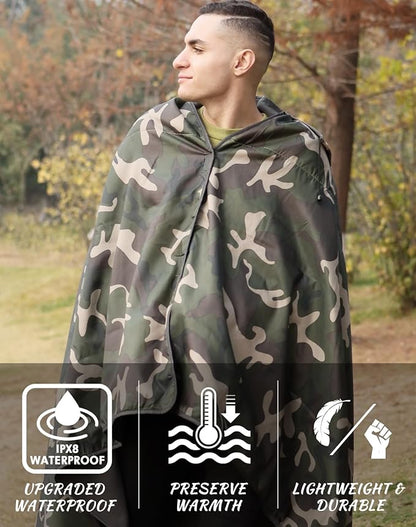 DUKUSEEK Hooded Stadium Blanket, Camouflage Waterproof Windproof Outdoor Fleece Blanket - Large (79"x 59"), Portable, Wearable, Warm for Outdoor Hunting, Sporting Events…