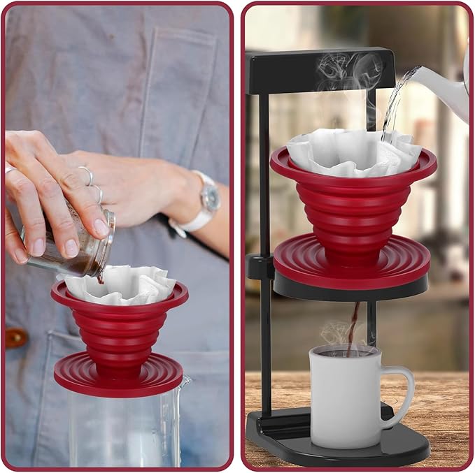 Collapsible Pour Over Coffee Dripper, Reusable Silicone Filter Holder, Travel Portable Pour Over Coffee Maker for Camping Picnic Party Traveling Office(Red)