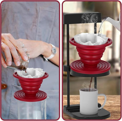 Collapsible Pour Over Coffee Dripper, Reusable Silicone Filter Holder, Travel Portable Pour Over Coffee Maker for Camping Picnic Party Traveling Office(Red)