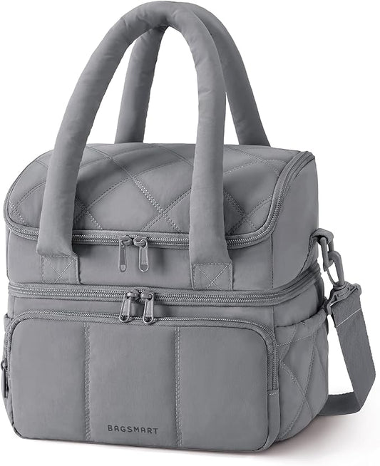BAGSMART Lunch Bag Women, Double Deck Insulated Lunch Box, Quilted Puffer Lunch Tote, Leakproof, Durable & Reusable Large Lunch Cooler For Work Picnic Travel Meal Prep, Gray