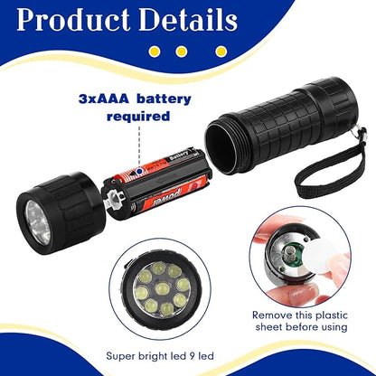 90 Pcs Mini Flashlight 9 LED Handheld Torch Bulk Kids Flashlight Plastic Handheld Flashlights with Lanyard Camping Necessities for Homeless School, 270 Pcs AAA Batteries Included (Black)