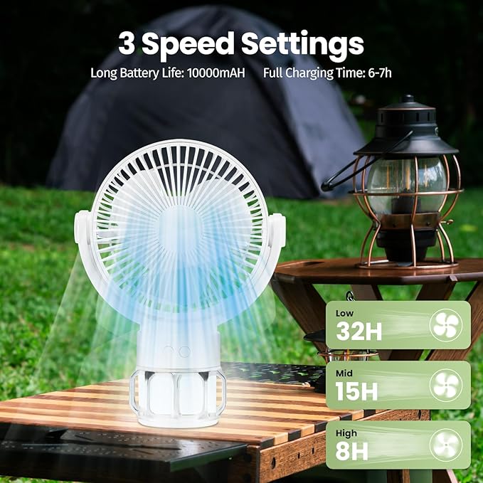 3-in-1 Portable Camping Battery Powered Fan with LED Lantern, Fan 8H Timer 270°Rotation Battery Operated Fan, 10400mAh Rechargeable USB Desk Beach Fan with Hook&Tripod, Super Quiet