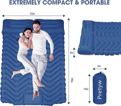 Double Sleeping Pad for Camping, Ultralight Camping Mattress with Pillow, Built-in Foot Pump, Thick Self-Inflatable 2-Person Portable Camping Mat for Backpacking Hiking Car Traveling Beach Tent