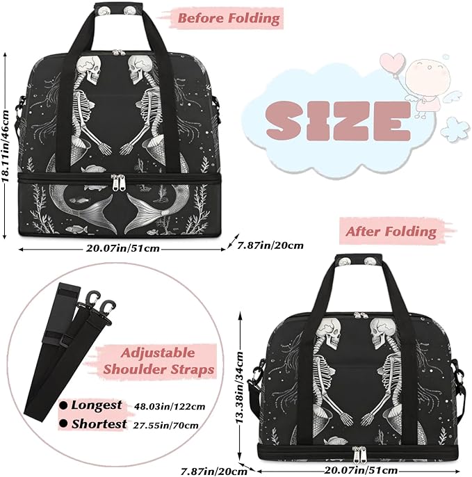 cfpolar Woman Travel Duffel Bag Skull Mermaid Foldable Tote Carry On Luggage Sports Gym Bag With Shoe Compartment Overnight Weekend Yoga Workout Bag Training Handbag