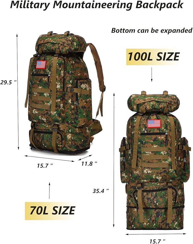 100L Hiking Camping Backpack Tactical Backpack for Men and Women Large Survival Hunting Waterproof Backpack Molle Rucksack Military Camping Backpacking Daypack''