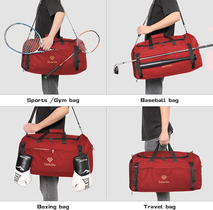 Eackrola Large Sports Gym Bag, Travel Duffel bag with Wet Pocket & Shoes Compartment for men women, 65L, Lightweight