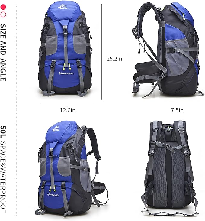 Bseash 50L Hiking Backpack, Water Resistant Lightweight Outdoor Sport Daypack Travel Bag for Camping Climbing Touring (Blue - No Shoe Compartment)