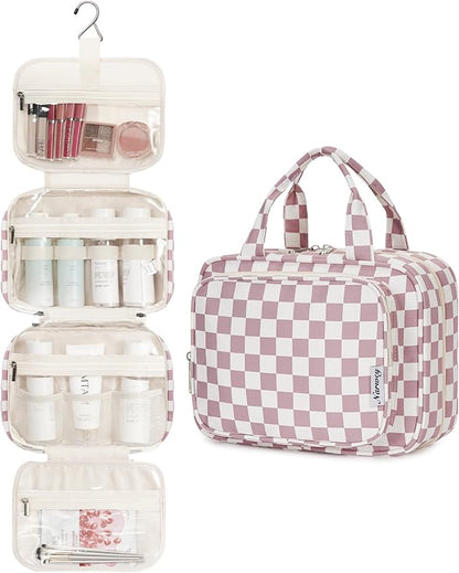 Narwey Hanging Toiletry Bag for Women Travel Makeup Bag Organizer Toiletries Bag for Travel Size Essentials Accessories Cosmetics (Dusty Rose Checkerboard (Medium))