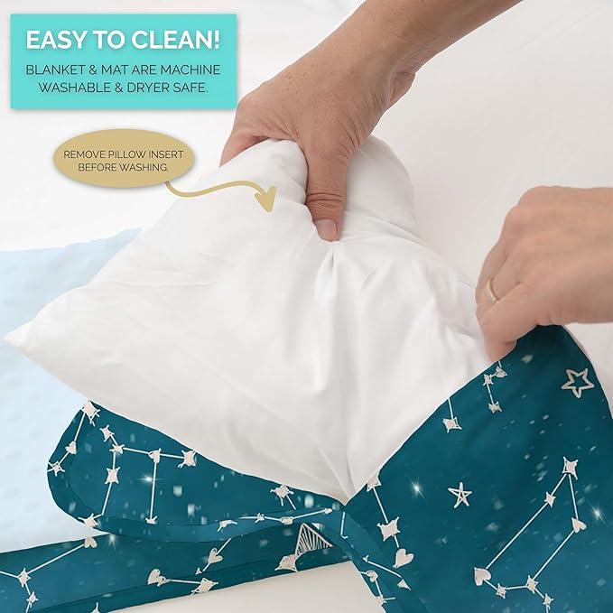 JumpOff Jo - Toddler Nap Mat - Sleeping Bag for Kids with Removable Pillow and Ultra Soft Blanket for Preschool, Daycare, and Sleepovers - Night Sky
