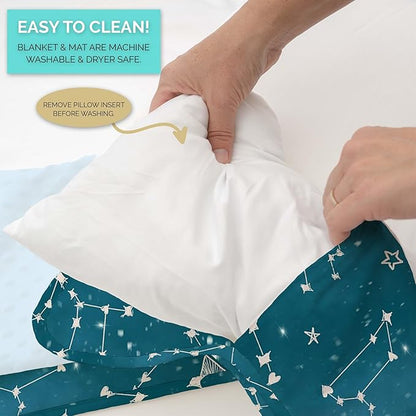 JumpOff Jo - Toddler Nap Mat - Sleeping Bag for Kids with Removable Pillow and Ultra Soft Blanket for Preschool, Daycare, and Sleepovers - Night Sky