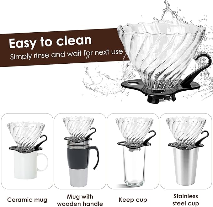 V60 Pour Over Coffee Dripper, 02 Filter For 1-4 Cups Reusable Coffee Maker 60° Heat-Resistant Glass Cone Easy-to-Clean Drip Coffee Maker Perfect for Pourover Coffee Enthusiasts