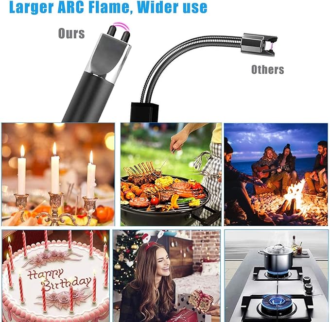 2 Pack Electric Lighter, Candle Lighter, Windproof USB Rechargeable Electronic Plasma Arc Lighter, Longer Lighter for Candle, Camping, BBQ, Grill, Fireplace (Silver&Black)