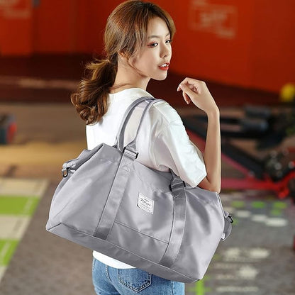 Womens travel bags, weekender carry on for women, sports Gym Bag, workout duffel bag, overnight shoulder Bag fit 15.6 inch Laptop (Large, Grey)