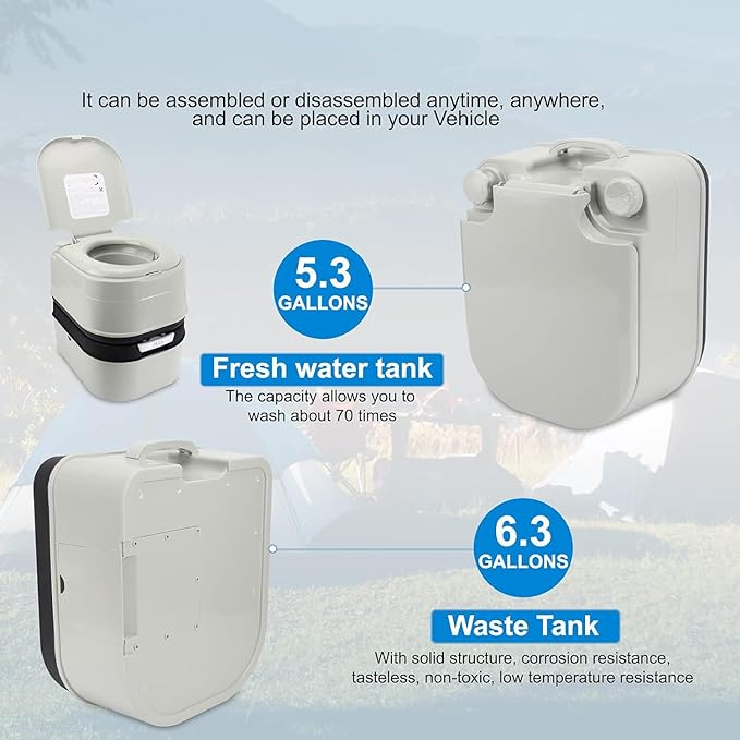 Portable Toilet RV Potty, 6.4 Gallon 24L Piston Pump Flush with Level indicator Detachable Anti-Leak Handle Water Pump,Rotating Spout Indoor & Outdoor Hiking Toilet for Camping, Fishing Travel
