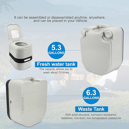 Portable Toilet RV Potty, 6.4 Gallon 24L Piston Pump Flush with Level indicator Detachable Anti-Leak Handle Water Pump,Rotating Spout Indoor & Outdoor Hiking Toilet for Camping, Fishing Travel
