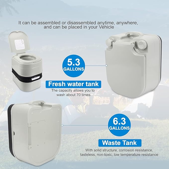 Portable Toilet RV Potty, 6.4 Gallon 24L Piston Pump Flush with Level indicator Detachable Anti-Leak Handle Water Pump,Rotating Spout Indoor & Outdoor Hiking Toilet for Camping, Fishing Travel