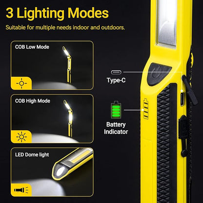 Work Light, Ropelux Rechargeable LED Work Light 1500 Lumens, Portable Flashlight 180° Rotate 3 Modes, with 3 Magnetic Base and Hook Mechanic Light, for Car Repairing/Under Hood/Emergency (Yellow)