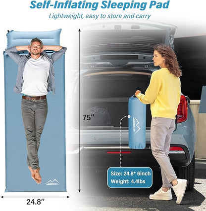 Self Inflating Sleeping Pad for Camping - Thick Camping Pad with Pillow & Inflatable Bag, 9.5 R-Value Insulated Camping Mattress Pad for Car Camping Backpacking Hiking Camping Mat