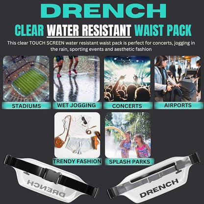 Drench Clear Waist Bag – Stadium Approved, Touchscreen Friendly, Water-Resistant Zipper, Fits iPhone 15, 14, 13, Samsung Galaxy S23, Pixel 8 – Small Concert Bag for Events, Airports, Casual Fashion