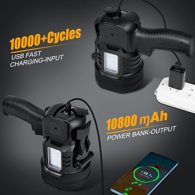 Spotlight Flashlight, 1000,000 Lumens Outdoor Spot Light, LED Rechargeable Spotlight Handheld, 8 Modes with Cob Light, 10800ɱAh, Flashlight for Camping Marine Boating Hunting, IPX6 Waterproof