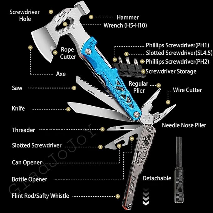 Camping Axe Multitool 17 IN 1, with 7-in-1 Camping Utensils Flatware Set, Foldable Camping Essentials Survival Gear Hatchet, Outdoor Multi Tool Stainless Steel Mens Gifts(Black)