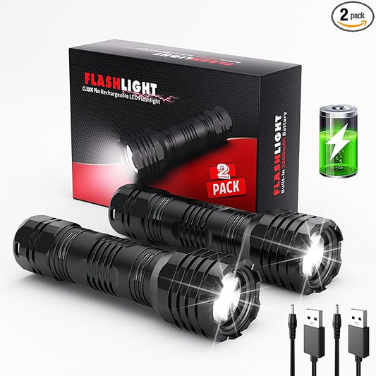 Mesqool Rechargeable Flashlights 2 Pack, 5 Lighting Modes 400 Lumen Bright Led Flashlight, IP68 Waterproof Flash Light for Camping, Walking, Hiking Emergency Lights for Home (Built-in Battery)