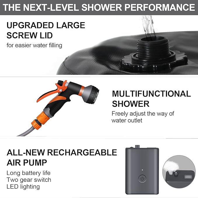 Portable camping shower, 5gallons/20 liters rechargeable air pump outdoor electric camping shower, 8 spray modes, solar heating black PVC airbag, built-in thermometer, beach, camping, hiking