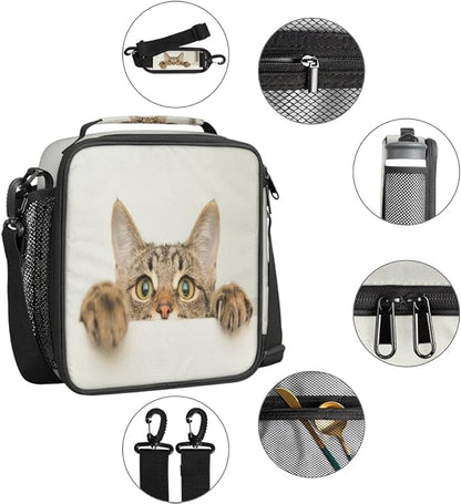 Funny Animal Cat Reusable Lunch Bag, Insulated, Spacious, Waterproof, Suitable for Boys and Girls, 10.5 x 3.5 x 9.5 inches