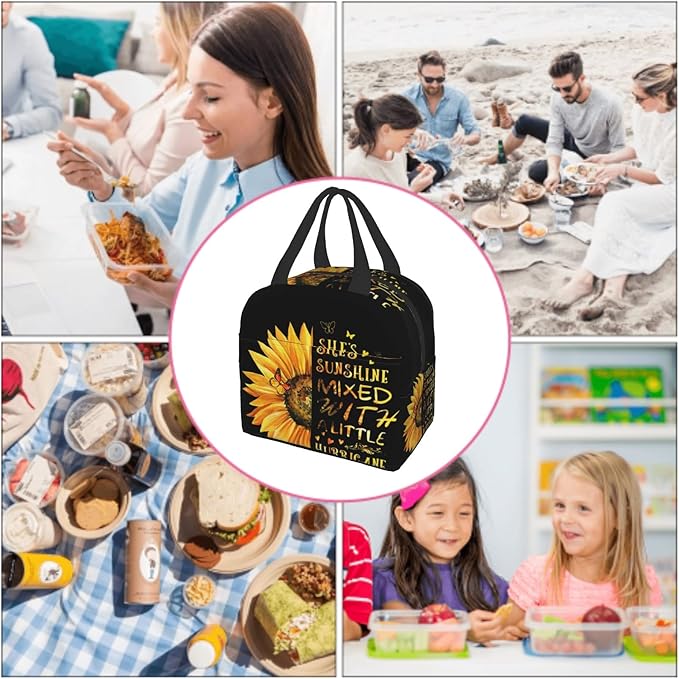 Giwawa Sunflower Insulated Lunch Bag for Girls Women, Sunshine Yellow Floral Inspirational Thermal Lunch Box with Front Pocket Reusable Meal Cooler Tote Bag for Kids Teens College Office