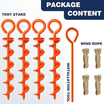 Eurmax USA Canopy Tent Stakes Dog Tie Out Stakes Corkscrew Shape Steel Trampoline Stakes with Iron Rod Installation Tool & 4 Wind Ropes - Set of 4 (Orange)