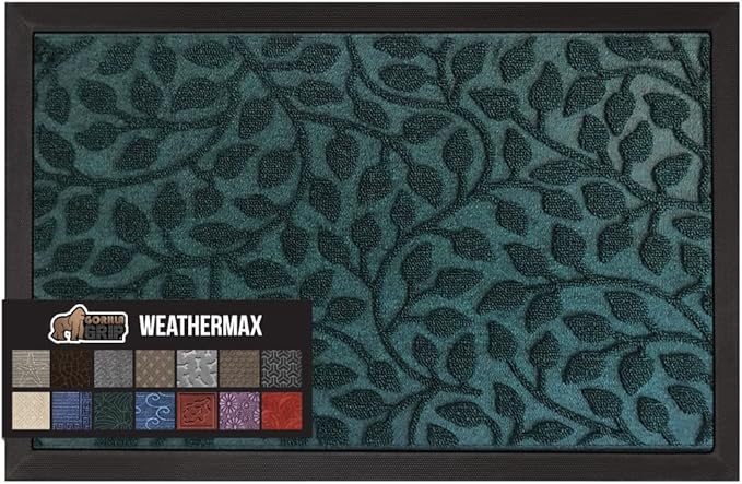 GORILLA GRIP 100% Waterproof All-Season WeatherMax Doormat, 47x35, Durable Natural Rubber, Stain and Fade Resistant, Low Profile, Indoor Outdoor Door Mats, Easy Clean Entry Mat, Moss Vine Leaves