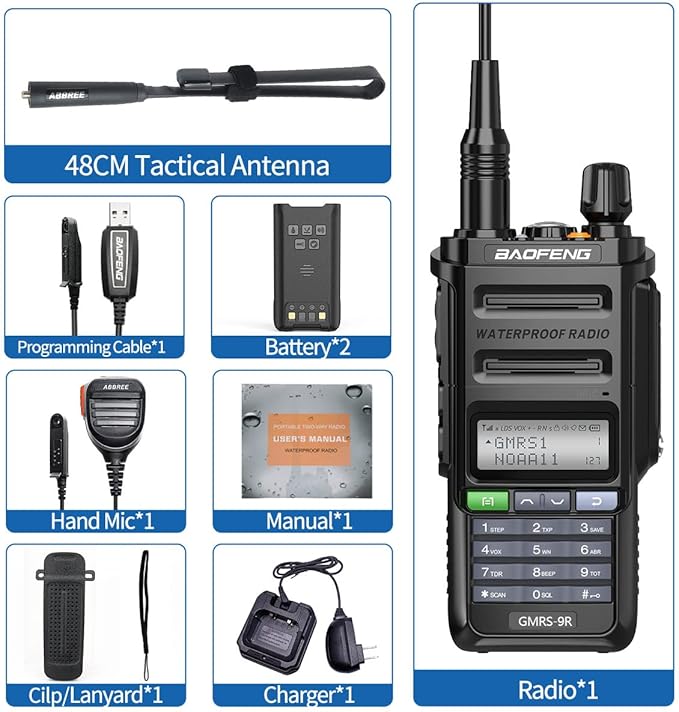 Baofeng GMRS-9R GMRS Radio Waterproof IP67 Two Way Radios GMRS Repeater Capable Rechargeable Walkie Talkies Long Range NOAA Weather Alerts Scan with Extra Tactical Antenna,2800mAh Battery,Speaker Mic