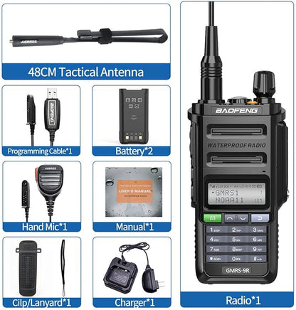 Baofeng GMRS-9R GMRS Radio Waterproof IP67 Two Way Radios GMRS Repeater Capable Rechargeable Walkie Talkies Long Range NOAA Weather Alerts Scan with Extra Tactical Antenna,2800mAh Battery,Speaker Mic