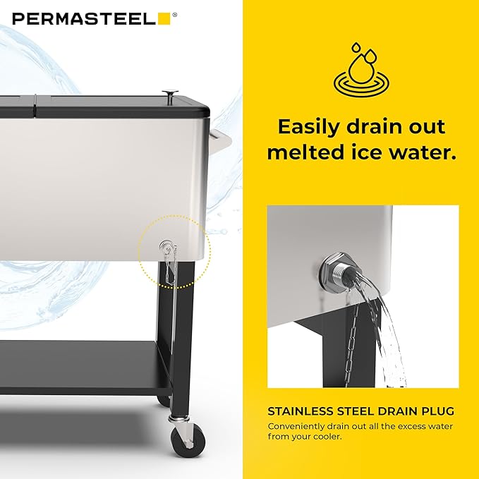 Permasteel 80-Qt Outdoor Patio Cooler with Removable Basin, Outside Beverage Cooler Cart, Rolling Cooler with Wheels and Handles, Stainless Steel