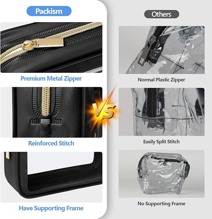 PACKISM TSA Approved Toiletry Bag - 3 Pack Upgrade Color-Edged Clear Makeup Bag, Clear Toiletry Bag For Traveling Fits Various Storage Needs, Black