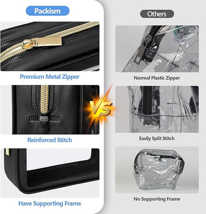 PACKISM TSA Approved Toiletry Bag - 3 Pack Upgrade Color-Edged Clear Makeup Bag, Clear Toiletry Bag For Traveling Fits Various Storage Needs, Black