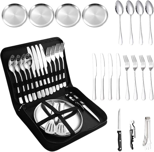 Camping Silverware Silver Picnic Plates and Utensils Set for 4 Portable Tableware Stainless Steel Flatware 20 Pieces with Organizer Bag Reusable Durable