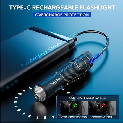 RECHOO Rechargeable Flashlights High Lumens, G800 Rechargeable Flashlight with 3 Lighting Modes, Mini LED Flashlight, Pocket-Size EDC Flash Light for Home, Emergency, Camping Gear (Battery Included)
