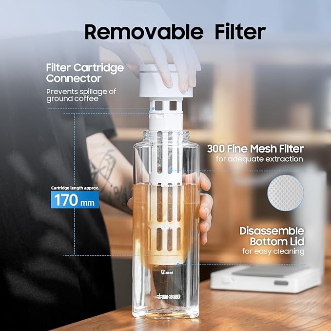MHW-3BOMBER Camping Cold Brew Coffee Maker 600ml/20oz Travel Cold Brew Pitcher For Space Saving Iced Tea and Coffee Maker with Filter Glass White CE6167W