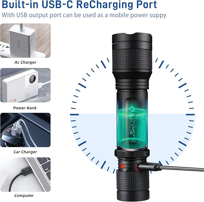 Oaker XF2013 USB-C Rechargeable Flashlight 2000 Lumens,5 Light Modes LED Flashlight, Waterproof Hand Light for Hiking Camping