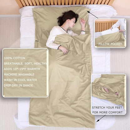 100% Cotton Sleeping Bag Liner with Full Length Zipper on 3 Sides; Single/Double Adult Sleep Sack for Travel & Camping, Multifunctional Travel Sheets (Unzipped 87”x87”) for Hotel, Lightweight