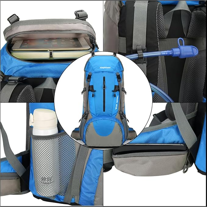 King'sGuard 70L Hiking Backpack Waterproof Camping Backpack with Rain Cover Large Lightweight Backpacking Backpack Daypack for Travel Outdoor -Frameless (Light Blue)