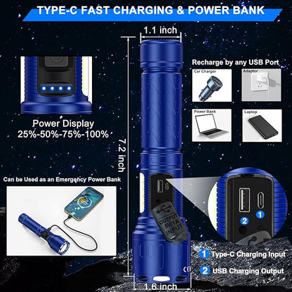 Rechargeable Magnetic Flashlights 100,000 High Lumens, Super Bright LED Powerful Flashlight 8 Modes with COB Work Light, Waterproof Handheld Flash Light for Camping (2 Pack with Paper Box, Blue)