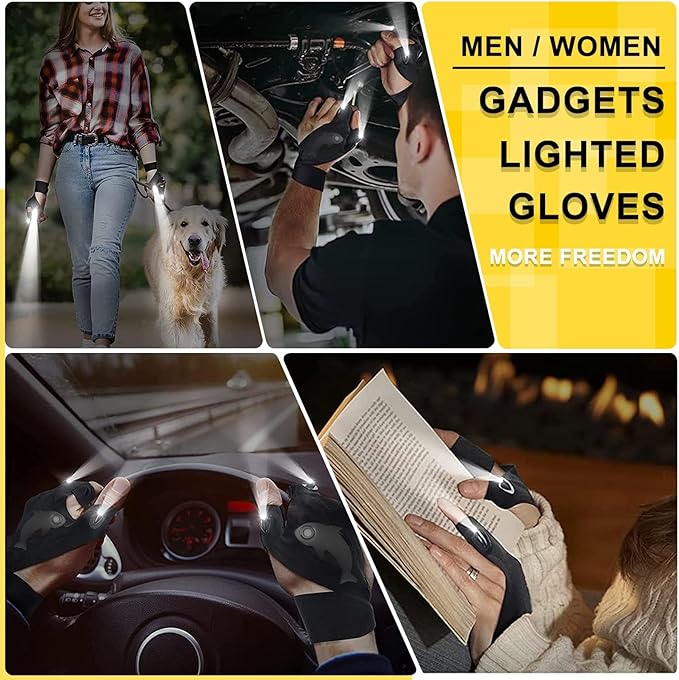 LED Rechargeable Flashlight Gloves, Gifts for Men, Father's Day Gifts for Dad, Cool Stretchy Fingerless Light Gloves Gadget for Repairing Fishing Camping and Car Repairing, 1 Pair
