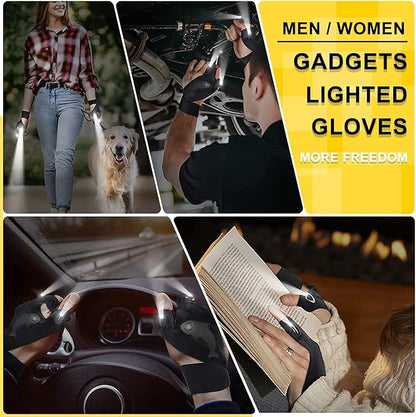 LED Rechargeable Flashlight Gloves, Gifts for Men, Father's Day Gifts for Dad, Cool Stretchy Fingerless Light Gloves Gadget for Repairing Fishing Camping and Car Repairing, 1 Pair