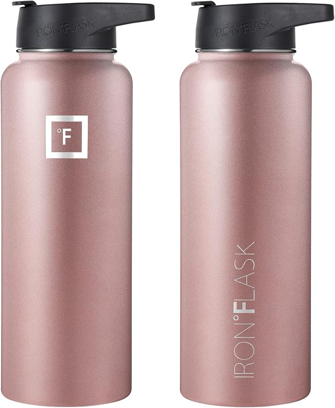 IRON °FLASK Camping & Hiking Hydration Flask, Wide Mouth, 3 Straw Lids, Stainless Steel Outdoor Water Bottle, Double Walled, Insulated Thermos, Metal Canteen - Rose Gold, 40 Oz